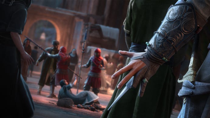 La Main D'Un Assassin Invisible Déploie Une Lame Cachée, Tandis Que Des Gardes Attaquent Un Civil Dans La Rue Dans Assassin'S Creed Mirage