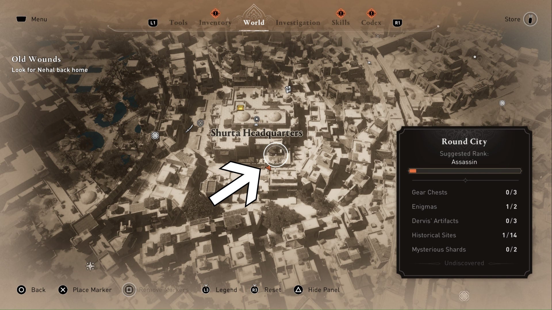 Ubicación del patio de Assassins Creed Mirage Shurta Hq en primer plano del mapa