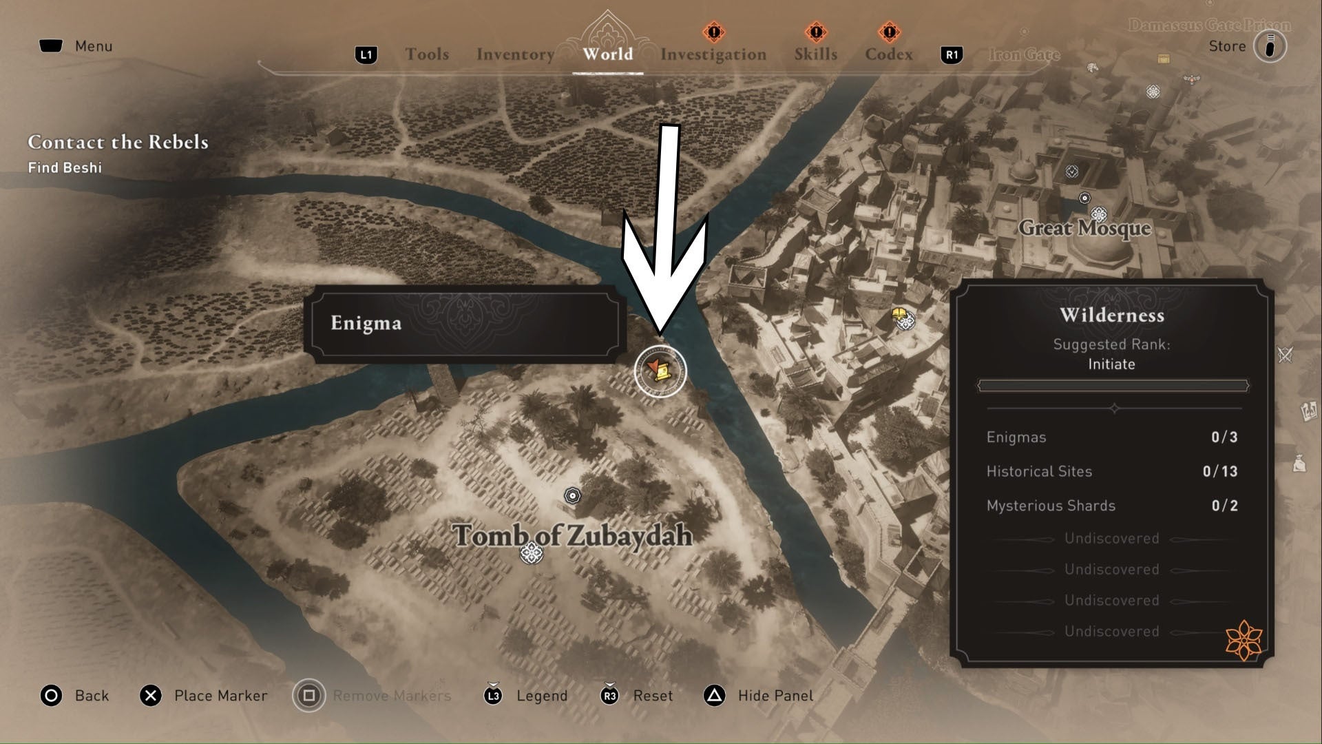 Assassins Creed Mirage, la ubicación del enigma de la rendición está señalada por una flecha en un mapa de primer plano