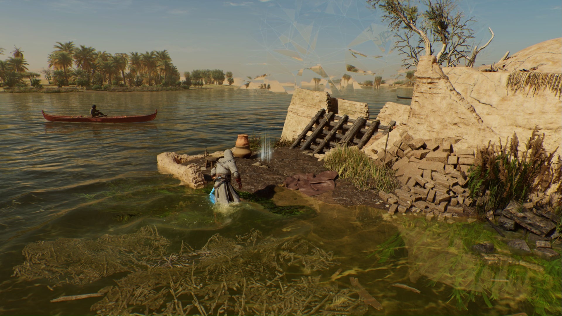 Assassins Creed Mirage, Basim está parado en el agua hasta las rodillas frente a la ubicación de la recompensa del enigma de la rendición en una casa hundida de ukbara.