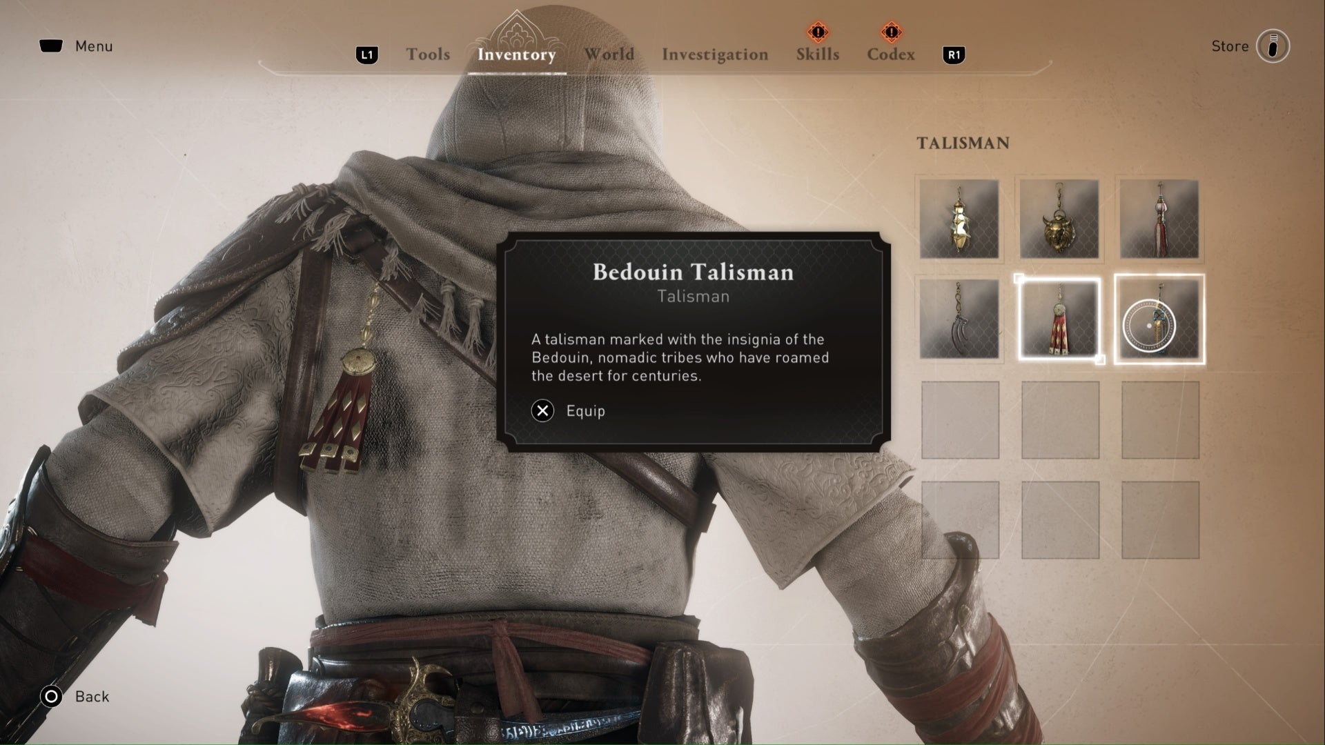 Inventario de talismán de Assassins Creed Mirage que muestra detalles del talismán beduino