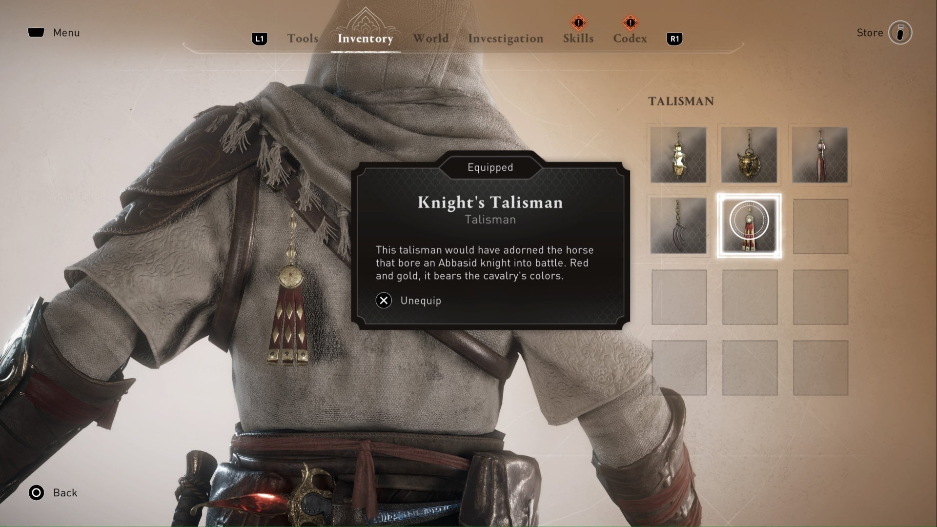 Assassins Creed Mirage, la imagen es del inventario de talismán que muestra detalles del talismán de los caballeros.