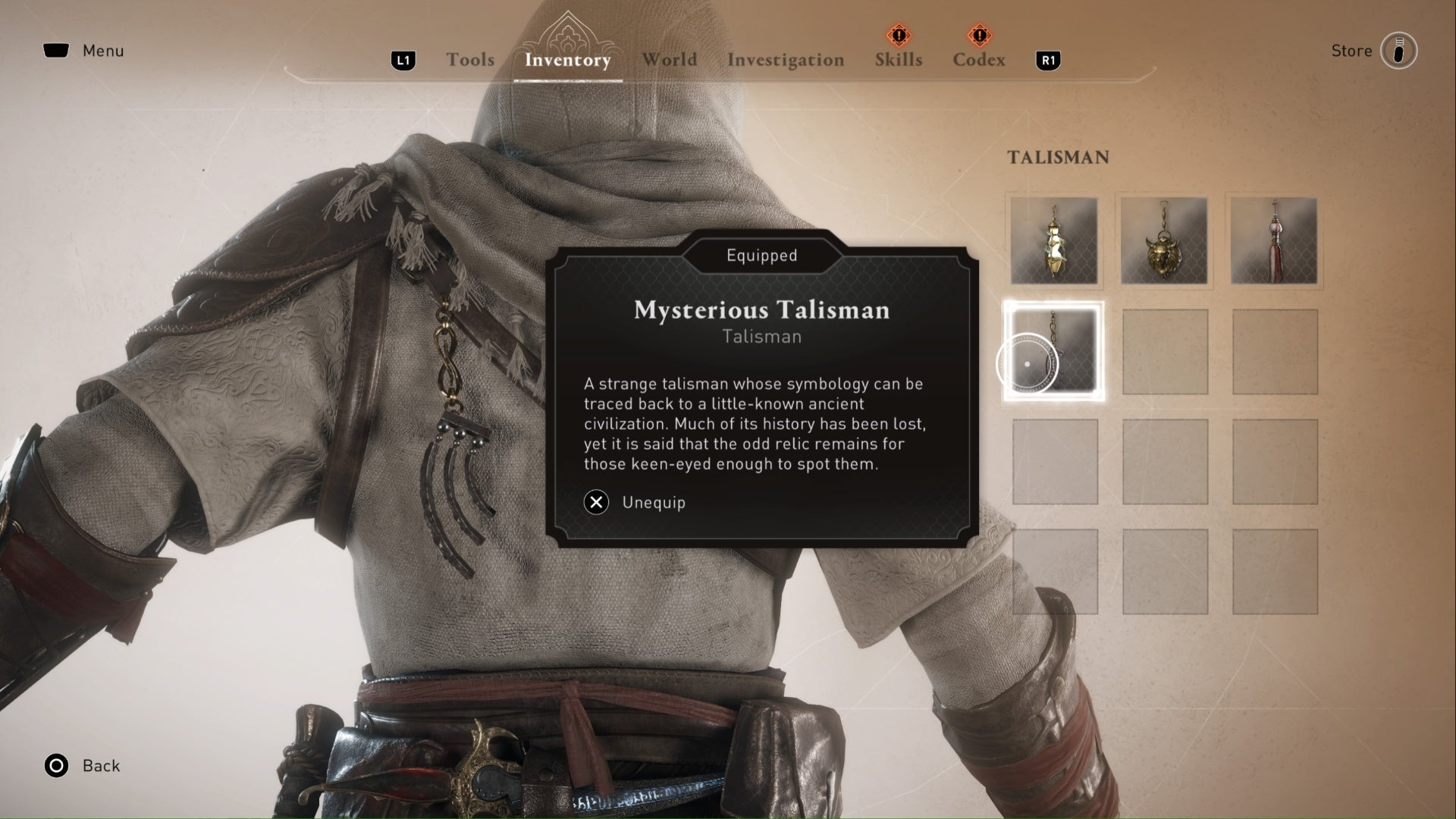 Assassins Creed Mirage, la imagen es del menú de inventario de talismán que muestra detalles del misterioso talismán.