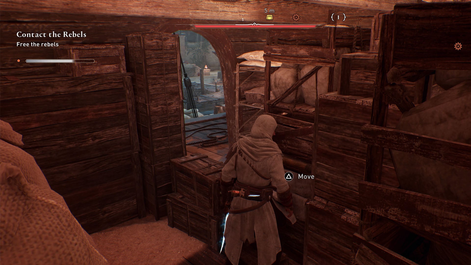 Assassins Creed Mirage Upper Harbor Gear Chest Puzzle Basim empujando la primera caja hacia el pecho