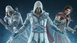 Promotional artwork for Assassin's Creed Nexus VR showing three series protagonists - Ezio Auditore, Connor, and Kassandra - posing together in a group.