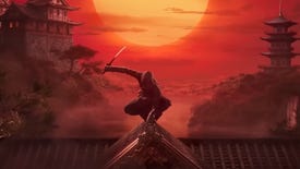 A screenshot from Ubisoft's teaser trailer for Assassin's Creed Codename Red, showcasing a shinobi perching on a rooftop in front of a red sky.