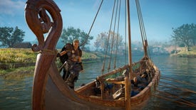 Assassin's Creed Valhalla - Eivor stands at the front of a boat while other vikings row and steer.