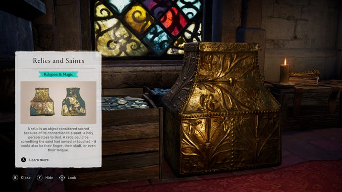 Examining a relic in Assassin's Creed Valhalla's Discovery Tour.