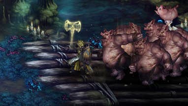 Astra: Knights of Veda-Charakter Albert bereitet sich darauf vor, einen leuchtenden magischen Hammer auf angreifende Schweinemonster zu schwingen