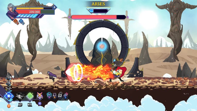 Aries launches a fireball at the player in Astral Ascent.