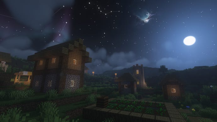 رات کے وقت ایک مائن کرافٹ گاؤں۔