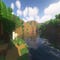A screenshot of a river in Minecraft, with some trees on either side of the bank and a hill in the distance, taken using Astralex shaders.