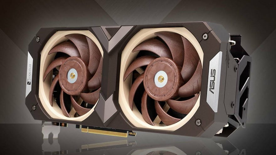 The Asus GeForce RTX 3070 Noctua Edition graphics card in front of a brown background.