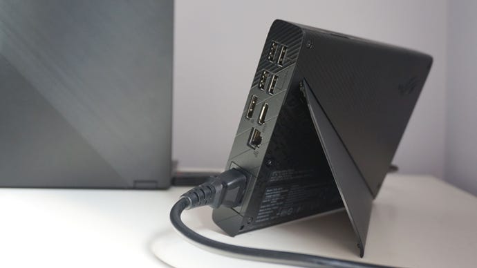 A close-up of the I/O ports on the Asus ROG Flow X13 gaming laptop's XG Mobile eGPU