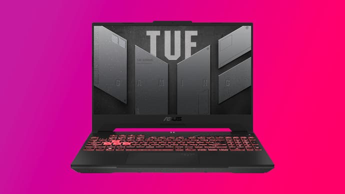 Image of an Asus TUF A15 gaming laptop on a pink to red gradient background