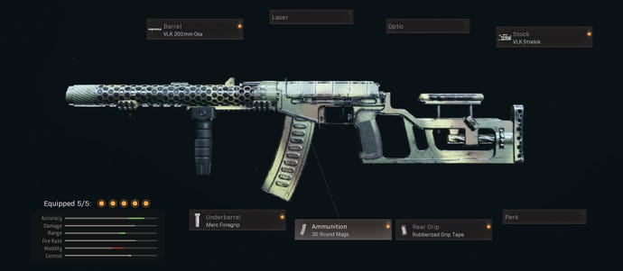 This AS VAL loadout has the VLK 200mm Osa, VLK Strelok, Merc Foregrip, 30 Round Mags, and Rubberized Grip Tape