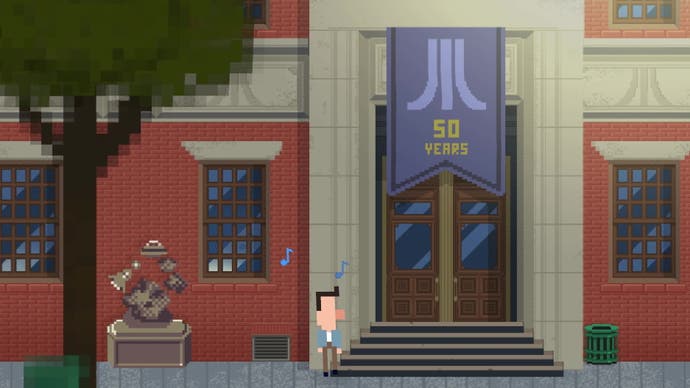 Screenshot from Atari Mania showing a man outside a museum-looking building with a retro design