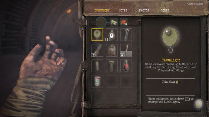 Amnesia: The Bunker review screenshot, showing an inventory screen with various tools and healing items to use. The hand on the left indicates that the soldier is currently uninjured.