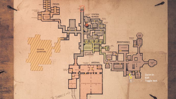 Amnesia: The Bunker review screenshot showing a map of the bunker, with various rooms and hubs connected by corridors and tunnels.