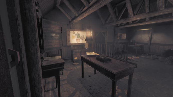 Amnesia: The Bunker review screenshot, showing the executive room. A warm lantern hangs over a table in the foreground, with a chest and a map in the background. There were huge dead rats on the floor.