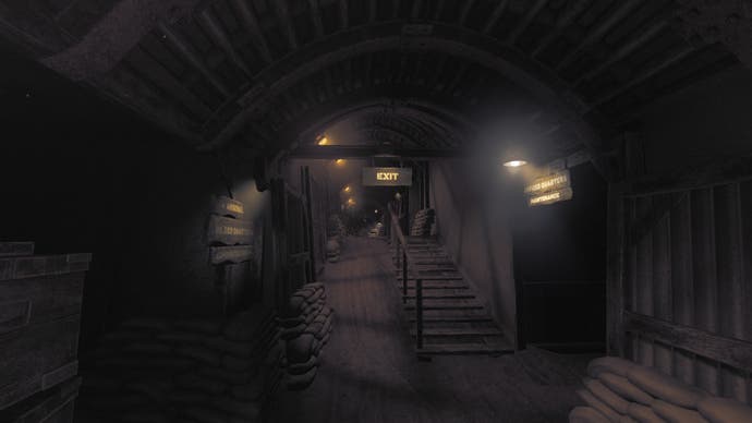 Amnesia: The Bunker review screenshot showing the main access to the bunker. Stairs ascend into the background, and a lighted EXIT sign shines above the stairs. The sign on the right reads OFFICER QUARTERS / MAINTENANCE and the sign on the left reads: ARSENAL / SOLDIER'S QUARTERS / ADMINISTRATION