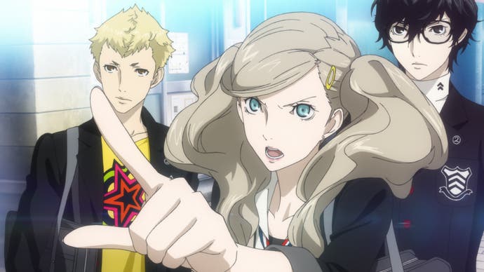 Three characters from Persona 5, with the girl at the front pointing.