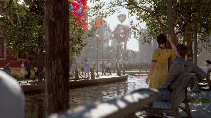 A screenshot from Atomic Heart which shows a serene river with people relaxing, waving at each other, and having a stroll.