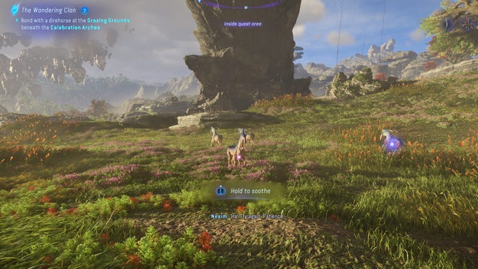 Screenshot of a Na'vi approaching a Direhorse in Avatar: Frontiers of Pandora