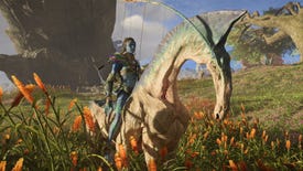 Screenshot of a Na'vi riding a Direhorse in Avatar: Frontiers of Pandora