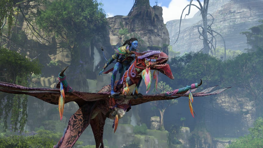 Image of a Na'vi riding an Ikran in Avatar: Frontiers Of Pandora