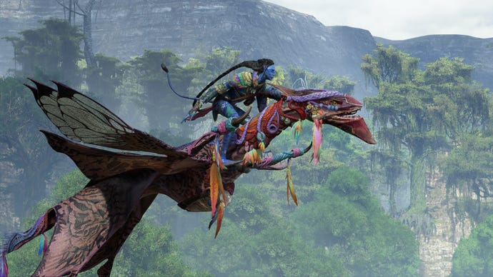 Image of a Na'vi riding an Ikran in Avatar: Frontiers Of Pandora