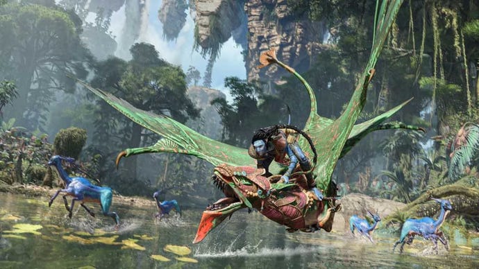 A Na'vi flying in Avatar: Frontiers of Pandora.