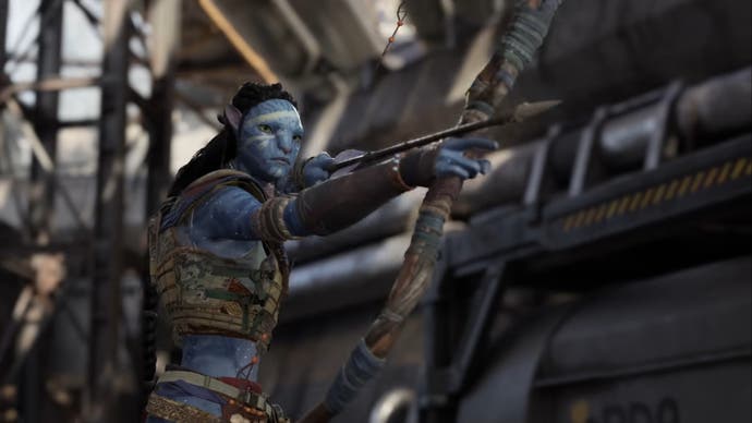 Pandora Na'vi character avatar borders brandishing a bow at GDR facilities