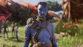 A Na'vi elder looks at the camera and smiles in a village in Avatar: Frontiers Of Pandora.