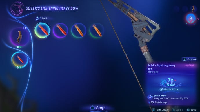 Screenshot of So'Lek's Lightning Heavy Bow crafting spec in Avatar: Frontiers of Pandora