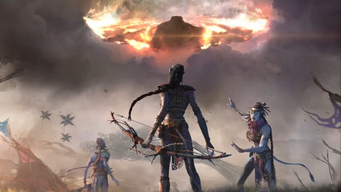 avatar borders of pandora the concept art of the skybreaker of na'vi looking at a large shadow in the sky.