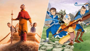 The live action versions of Aang, Sokka, Katara, and Momo riding on Appar in Avatar: The Last Airbender. The animated versions of Aang, Katara, and Sokka all posed ready to fight.