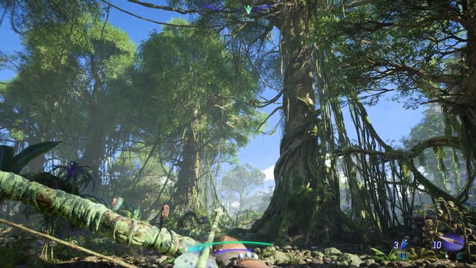 A first-person view of the jungle floor in the new Avatar game. A few huge trees tower up to the sky before me, with many vines wrapped around and dangling down from them.