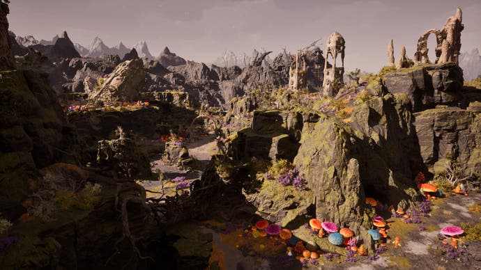 A wide shot of a canyon environment in Avowed, with giant multicolored mushrooms growing throughout it.