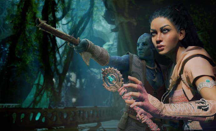 Two characters confer close to the right-hand side of the screen. One is a feminine human, the other a blue-skinned masculine character. They're in some kind of cave.