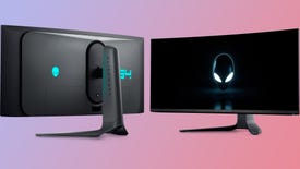 dell alienware aw3423dwf ultrawide oled gaming monitor shown front and back with a gradient background