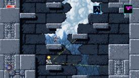 A screenshot of Axiom Verge 2, showing a series of grey, pixel art platforms and an enemy who is firing out yellow lasers.
