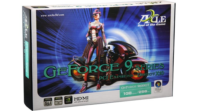 A graphics card box for Axle's GeForce 9600 GT, depicting a woman and a cyber bike