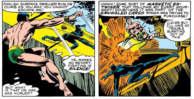 T’Challa launches a snaring cable at Namor in their first meeting. From Defenders #84. Written by Ed Hannigan, Pencils by Don Perlin, Inks by Tex Blaisdell, Colors by George Roussos, and Letters by Diana Albers.