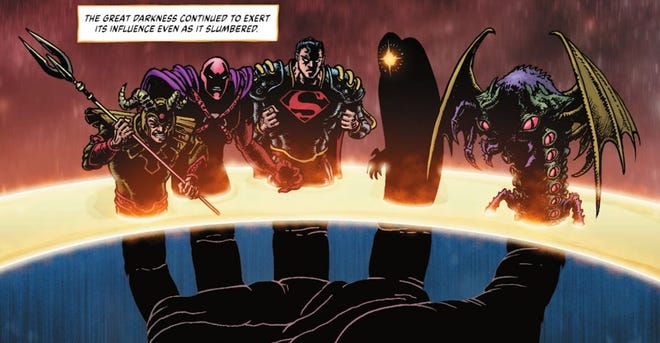 DC Comic Art depicting The Great Darkness having influence over multiple characters including Superman