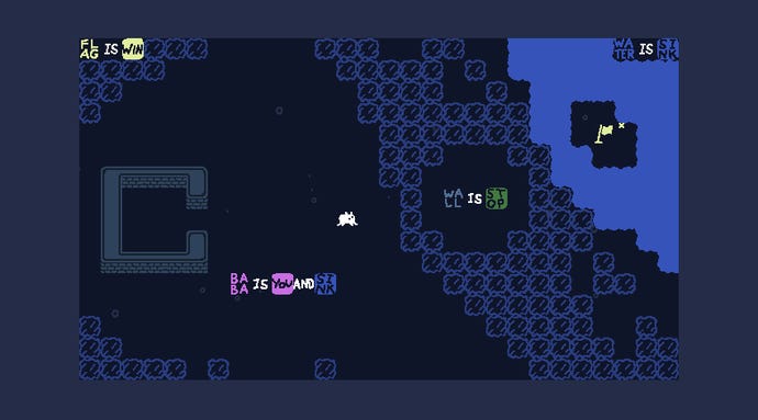 A watery puzzle in a Baba Is You screenshot.
