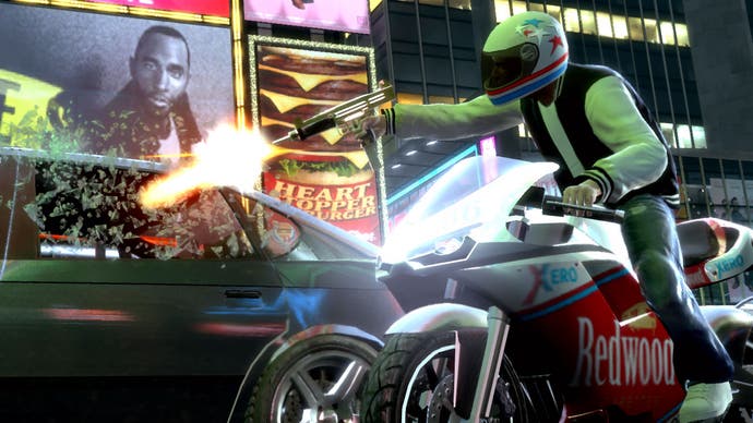 Player in The Ballad of Gay Tony firing a weapon from a motorbike