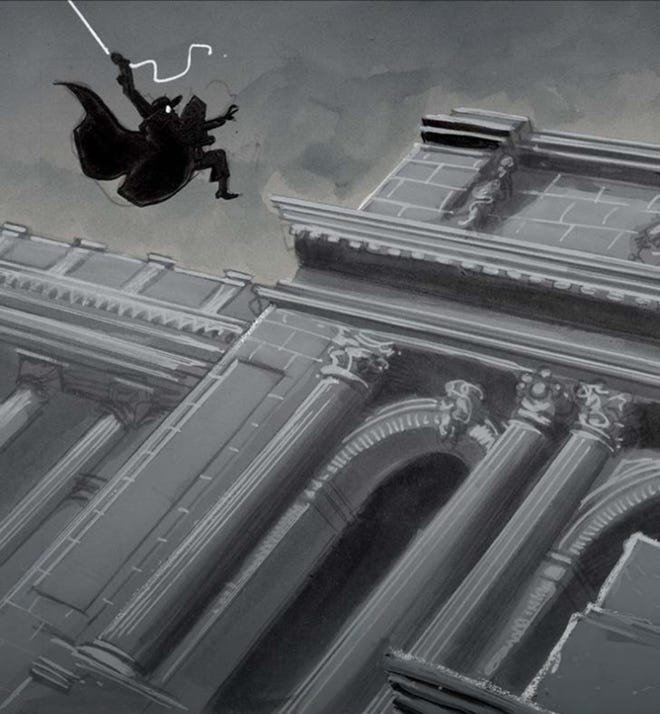 Interior comics illustration featuring Spider-Man Noir swinging over a building