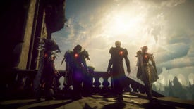A screenshot of Babylon's Fall showing four heroes standing and looking out over a bright sky.
