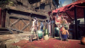 A woman stands in a medieval marketplace next to a merchant named Pymaglion and his floating robot pal in Babylon's Fall